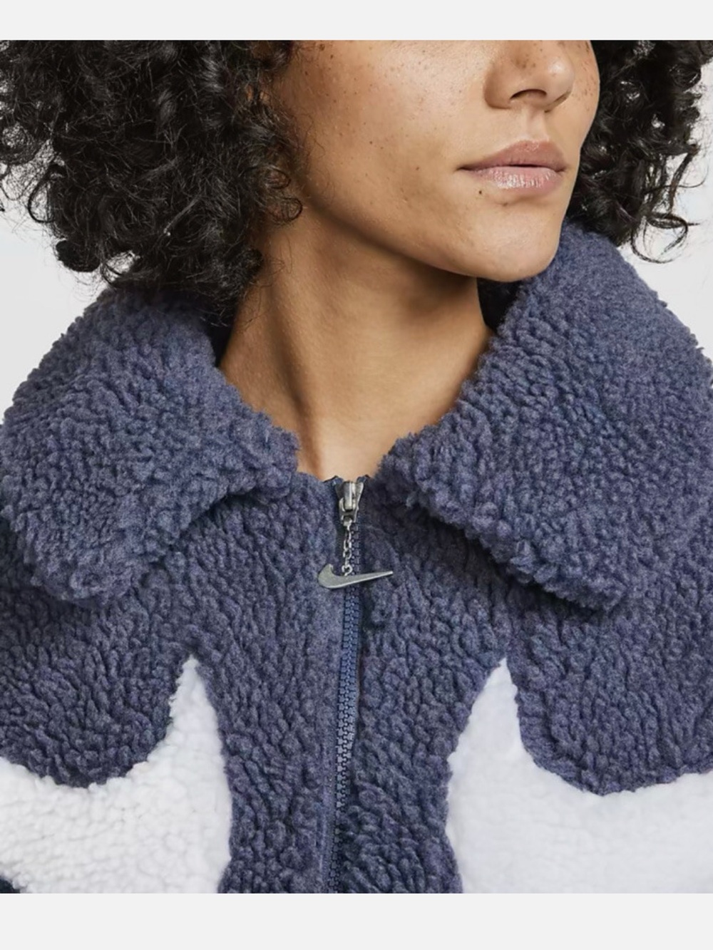 NIKE Sweater Sherpa Navy Faux Fur Swoosh Zip Jacket White Swoosh Vintage Retro - Picture 3 of 12